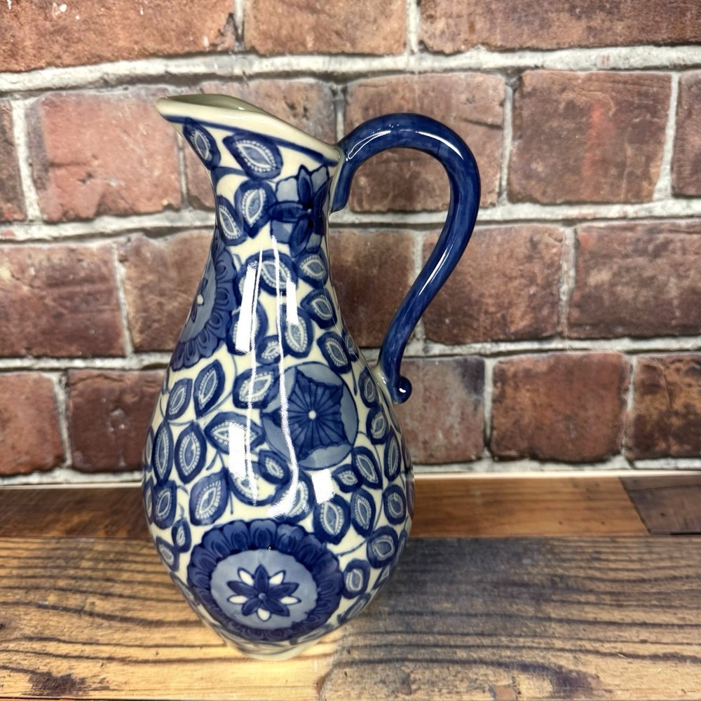Vintage French Chinoiserie Ewer Pitcher Vase Porcelain Cobalt Blue White